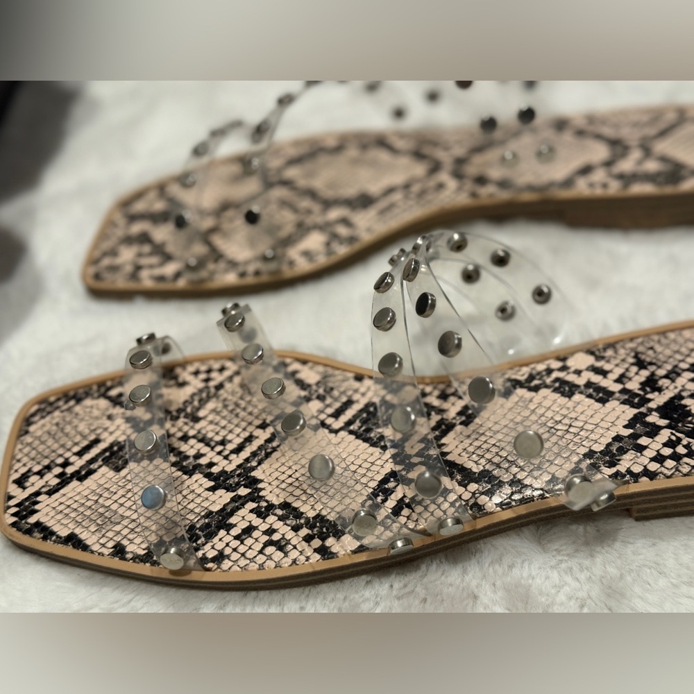 Clear Strap Studded Snake-Print Slide Sandals - Women